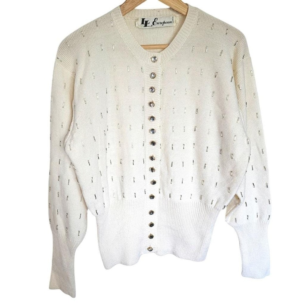 Vintage‎ LL European Cream Beaded Rhinestone Buttoned Wool Blend Cardigan